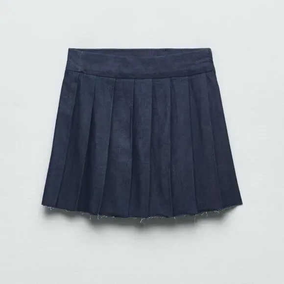 ZARA Pleated Dark Denim Raw Hem Cotton Skirt - Picture 2 of 6